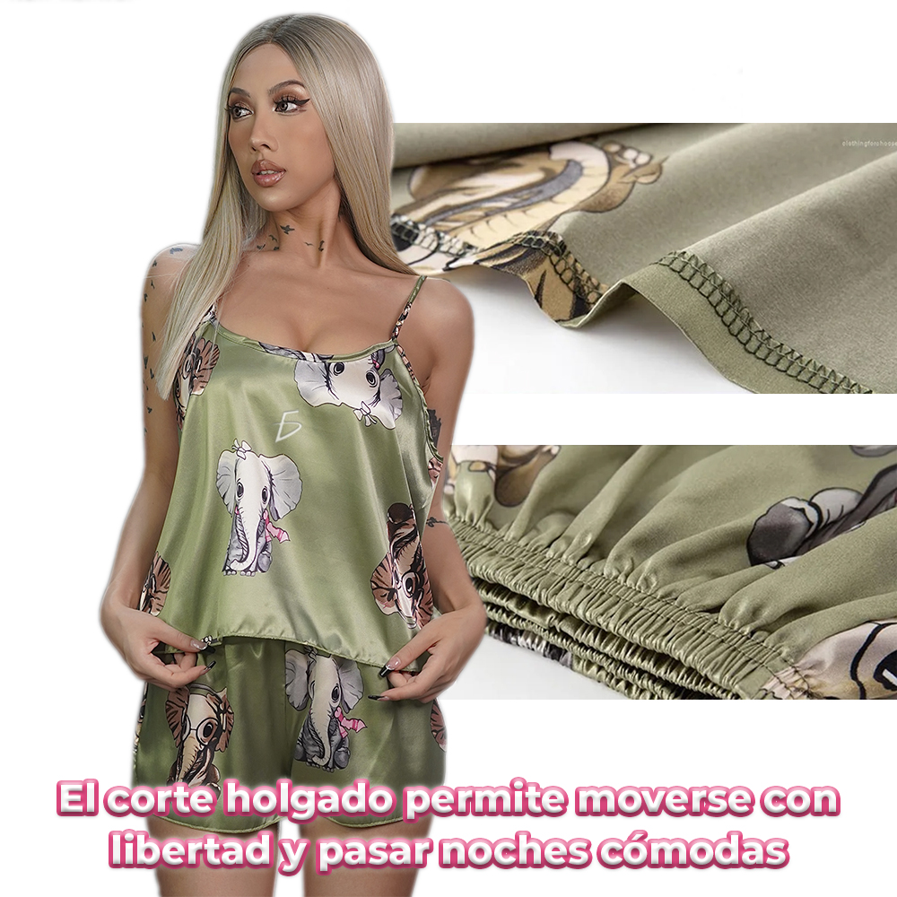 Pijama Sexy de Satén con Estampado de Elefantes para Mujer - Image 3