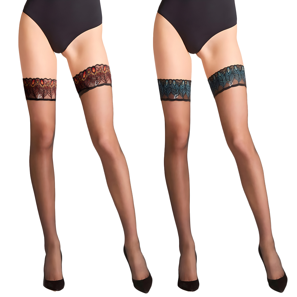 Medias de Muslo de Nailon fino con Encaje de Pavo Real - Image 2