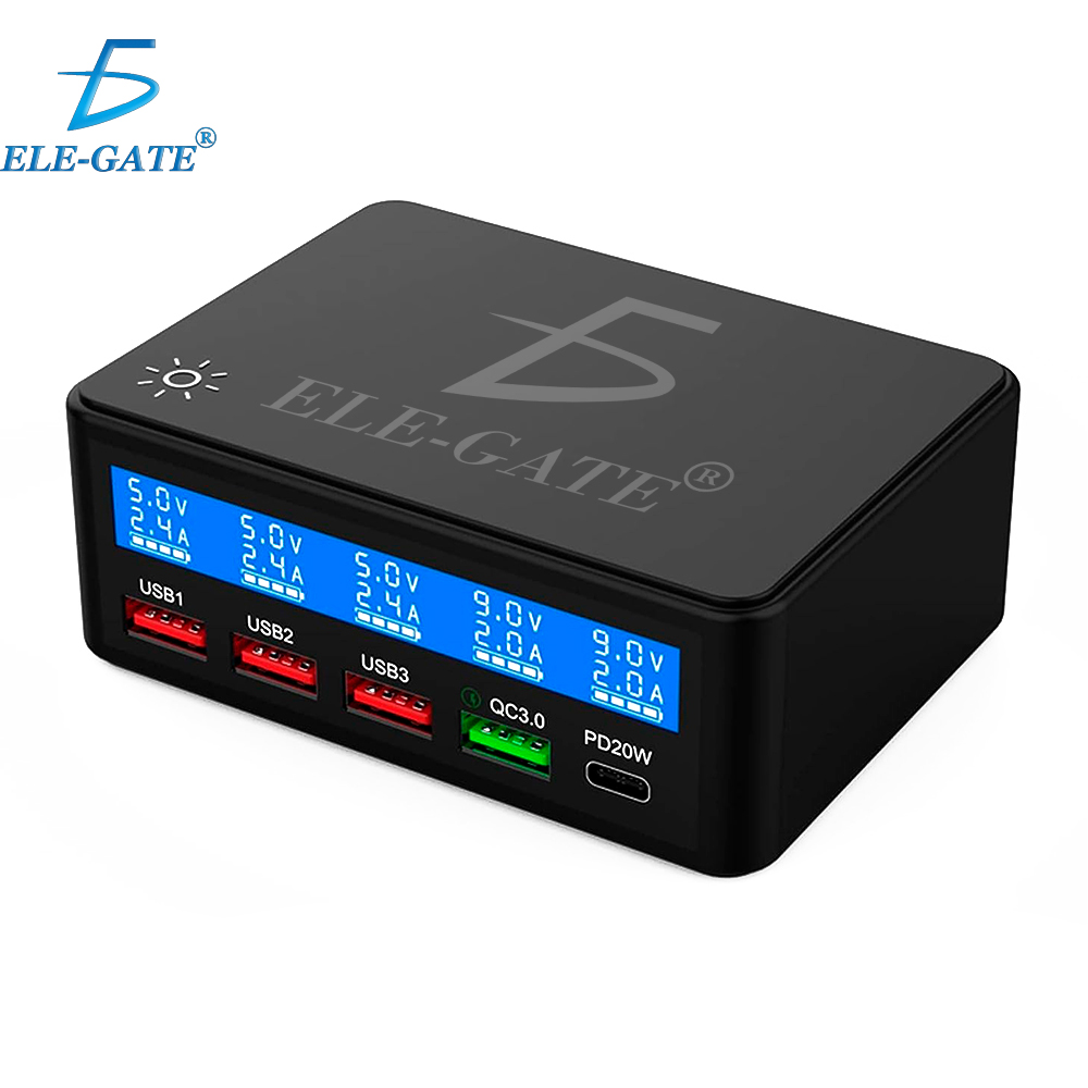 Cargador Múltiple USB Carga Rápida con Pantalla LCD 65W- Estación de Carga USB de 5 Puertos