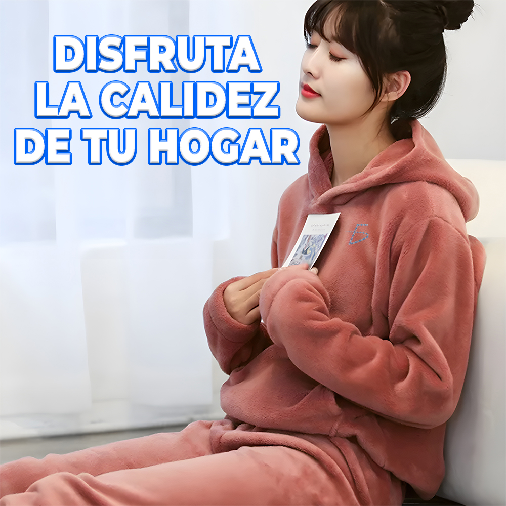 Conjunto de pijama mullido de 2 piezas para mujer: Sherpa suave y acogedora con capucha - Image 3