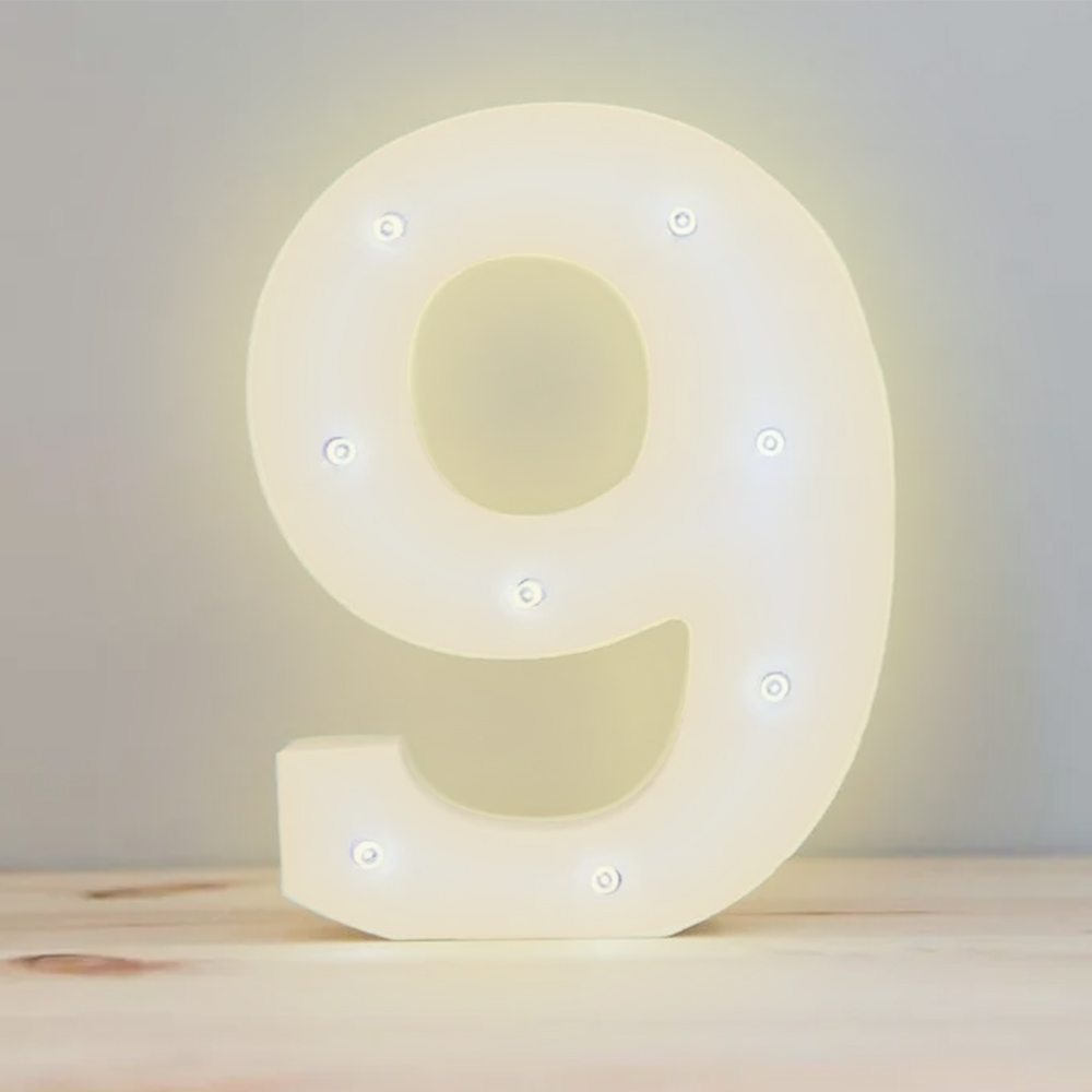 Numero 9 en 3D de Luz Led Luz Cálida.