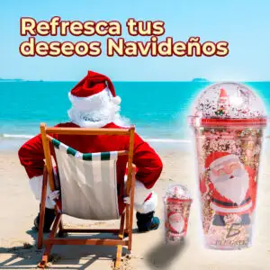 Vaso con Tapa y Pajita  para Niños - Diseño Navideño y Toque de Purpurina - Material Plástico sin BPA
