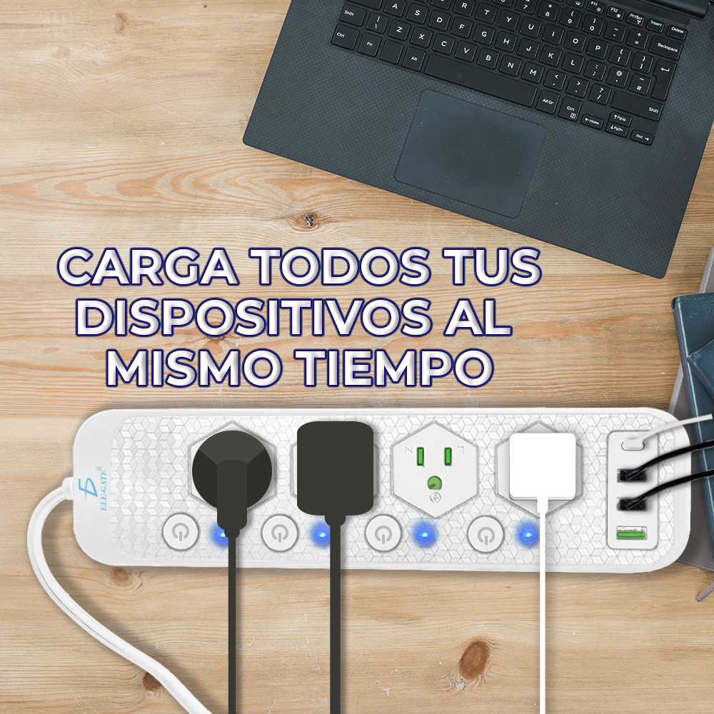 Multicontacto de Alimentación Universal – 4 Clavijas, 3 Puertos USB y 1 Puerto Tipo C para Carga Rápida y Segura - Image 6