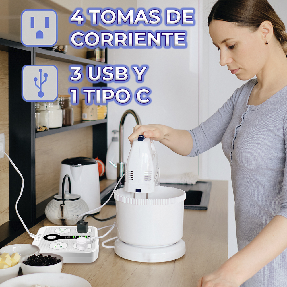 Multicontacto de Alimentación Universal – 4 Clavijas, 3 Puertos USB y 1 Puerto Tipo C para Carga Rápida y Segura - Image 4