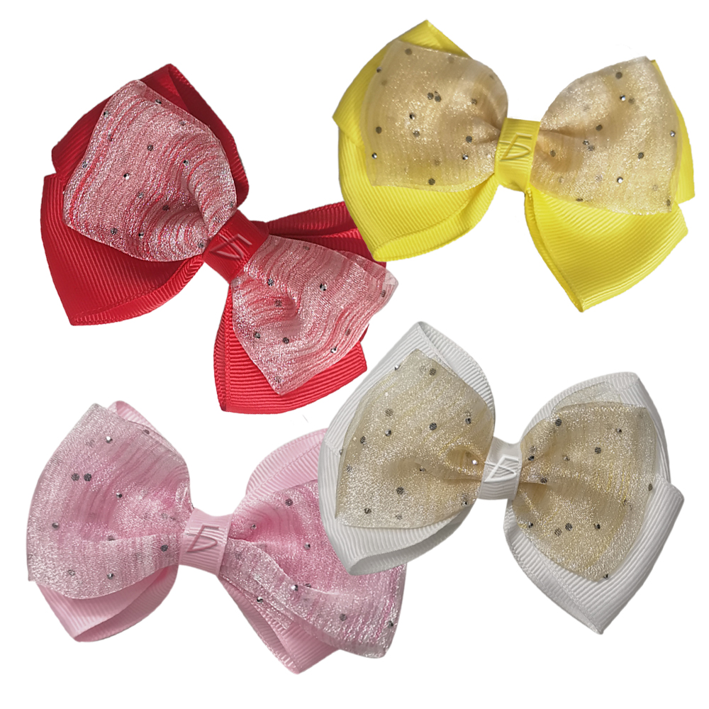 Par de Moños con Broche Dobles con Encaje Trasparente Decorado con Brillos