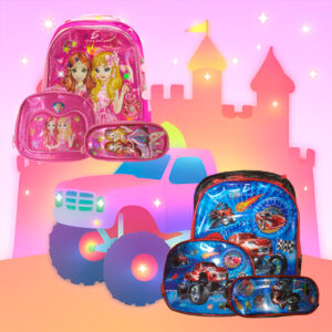Set de Mochila de Princesa y Coches Escolar con Lapicera y Lonchera Térmica con Luces Leds RGB