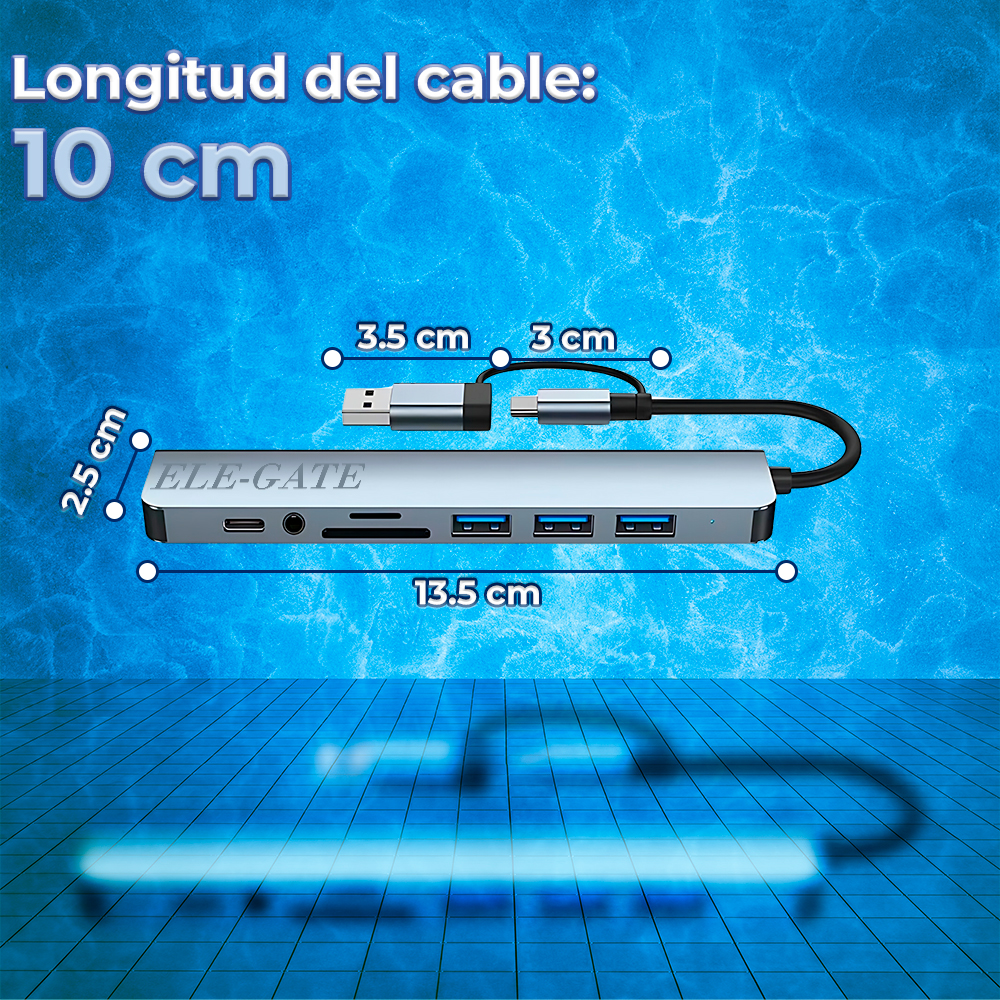Multi Puerto 8 en 1 con 3 Puerto USB 2.0 1 Puerto USB-C 1 Puerto USB 3.0 C Dock 1 Entrada SD 1 Entrada Mini SD1 Conector de 3.5 mm con Salida Tipo C con Adaptador de USB - Image 4