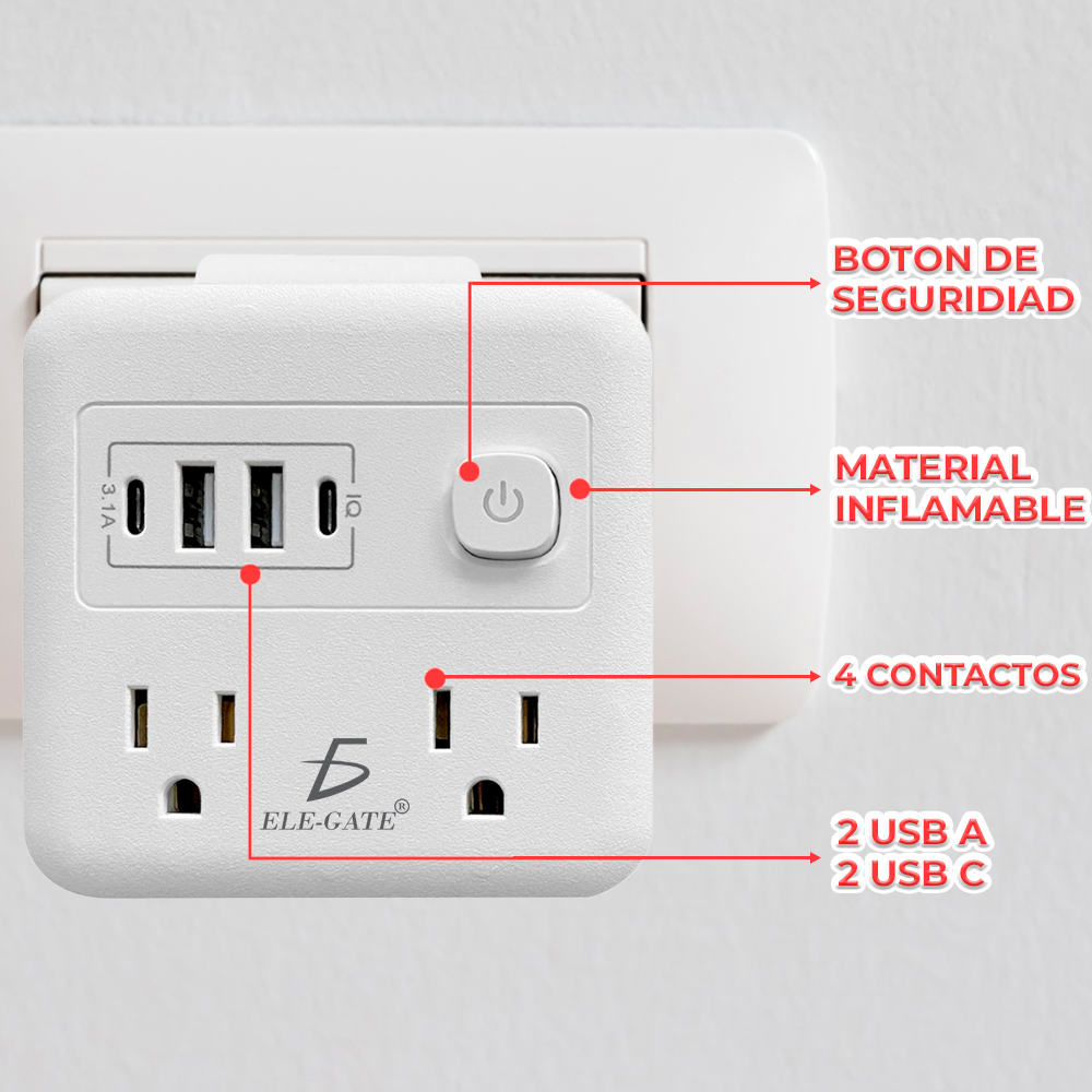 Multi Contacto 8 en 1 con 4 tomas, 2usb, 2 Tipo C con Boton de Encendido de Seguridad - Image 2
