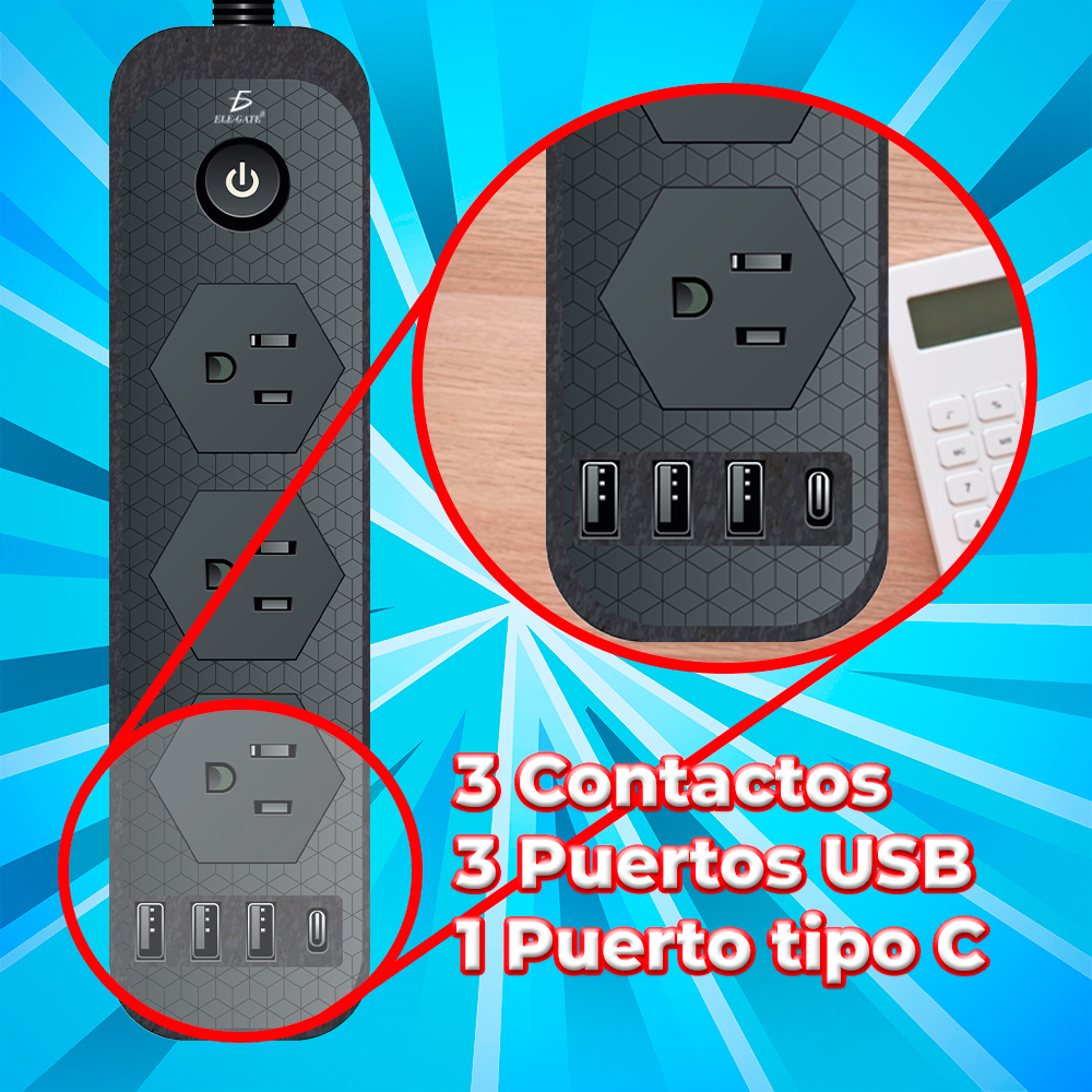 Multicontacto de Alimentación Universal – 3 Clavijas, 3 Puertos USB y 1 Puerto Tipo C para Carga Rápida y Segura - Image 2