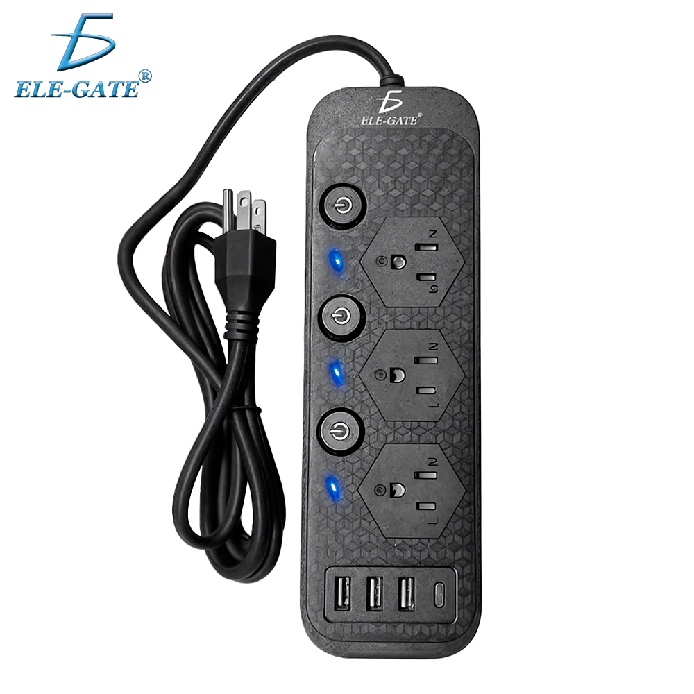 Multicontacto de Alimentación Universal – 3 Clavijas, 3 Puertos USB y 1 Puerto Tipo C para Carga Rápida y Segura