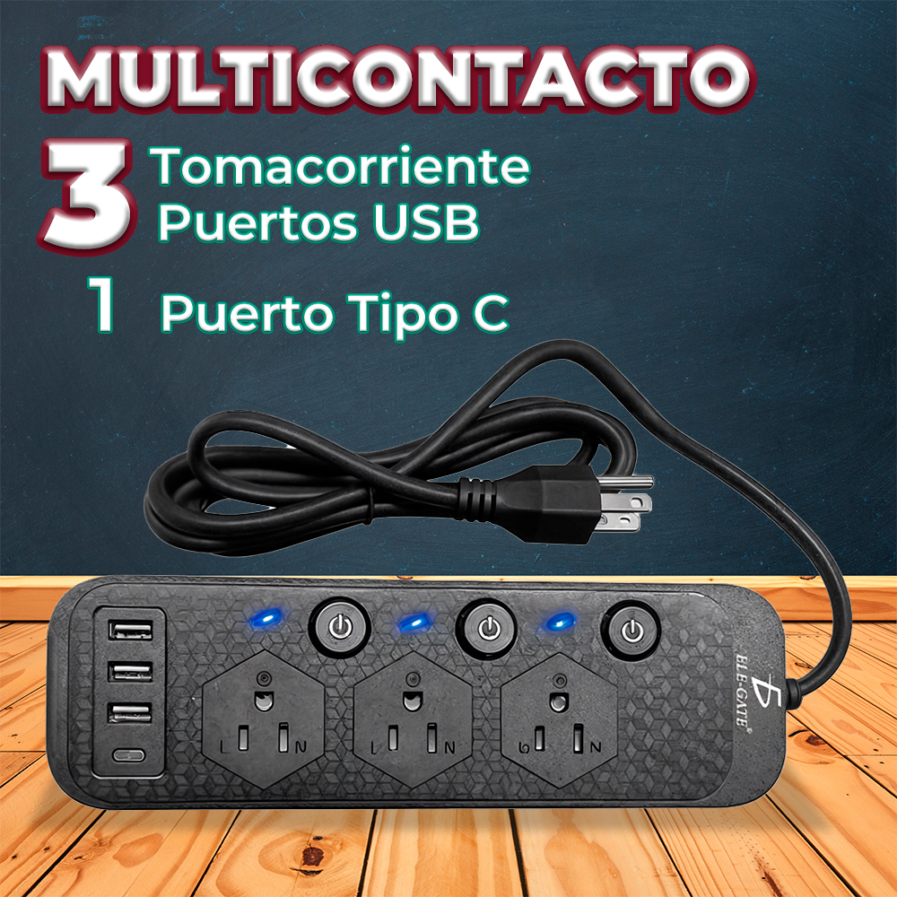 Multicontacto de Alimentación Universal – 3 Clavijas, 3 Puertos USB y 1 Puerto Tipo C para Carga Rápida y Segura - Image 3