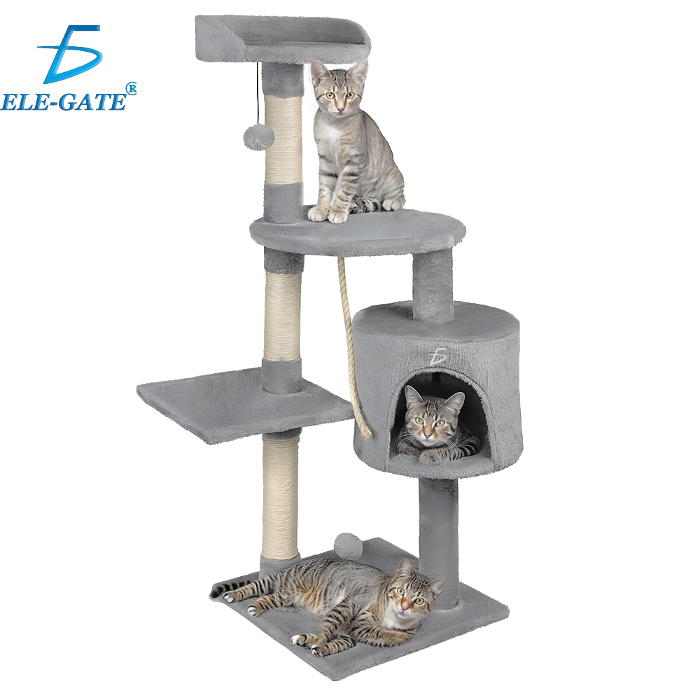 Torre Rascador 1.10m Afelpada y Acolchada con 4 Niveles 3 Juguetes y Una Casita