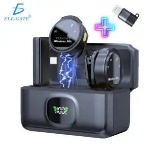 Juego de Micrófonos Lavalier Inalámbricos con Receptor tipo C con Base de Carga Rápida y Adpatador C a Lighting