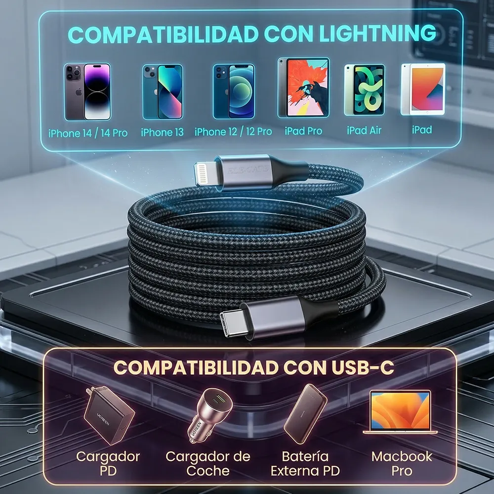 Cable USB-C a Lightning MFi de 2 metros compatible con iPhone y iPad