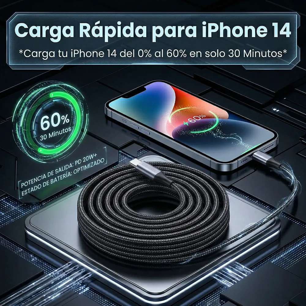 Cable trenzado USB-C a Lightning con transferencia de datos 480 Mbps